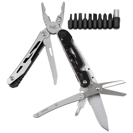 Multitool Fox Outdoor 7w1 ze Stali nierdzewnej - Zestaw bitów i krzesiwo - (czarno-srebrny) - całość