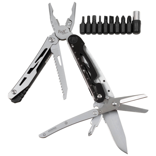 Przejdź do produktu Multitool Fox Outdoors 7w1 czarno-srebrny – bity, nożyczki, krzesiwo, stal nierdzewna