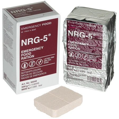 Racja żywnościowa NRG-5 Emergency Food Ration 500g, wegańska – żywność awaryjna – data 2045 (pokazana zapakowana i baton wewnątrz)