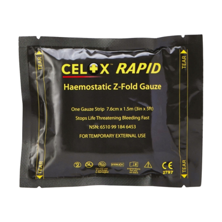 Opatrunek hemostatyczny Celox RAPID GAUZE Z-Fold 1,5m x 7,6cm Gaza Chitosan - widok z przodu