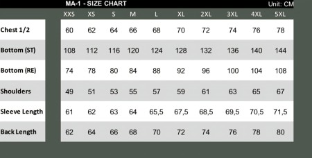 Kurtka Męska Przejściowa Bomberka MA-1 - tabela rozmiarów