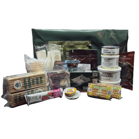 Zawartość Polskiej wojskowej racji żywnościowej S-RG 24h: dania główne, przekąski i dodatki