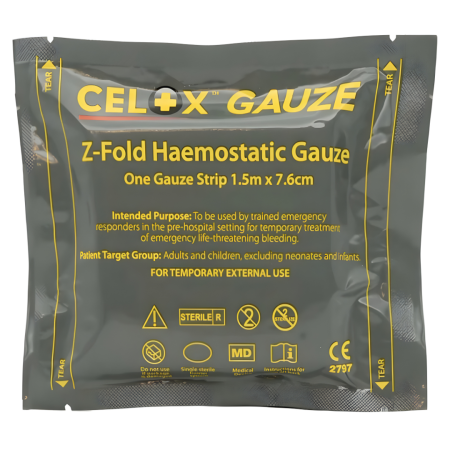 Opatrunek Hemostatyczny Celox GAUZE Z-Fold 1,5m x 7,6cm Gaza Chitosan (przód)