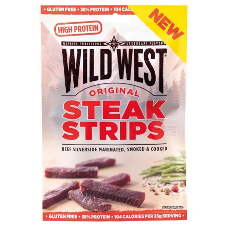 Suszona wołowina Steak Strips Wild West 60g - 38% białka - smak original - brak glutenu