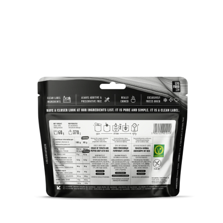 Danie liofilizowane Foodpack LYOFOOD kremowa zupa pomidorowa 370g Polska produkcja - opakowanie (tył)