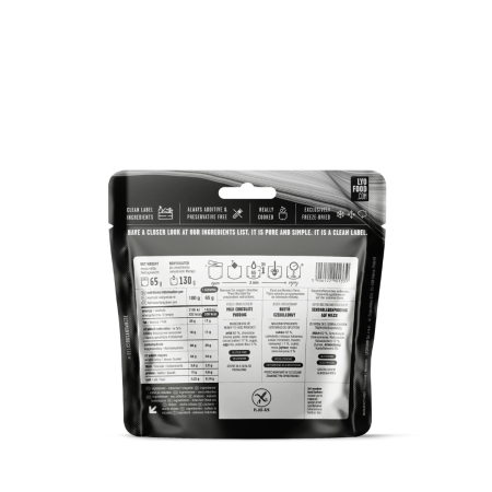 Deser liofilizowany Foodpack LYOFOOD pudding czekoladowy 130g Polska produkcja - tylna część opakowania