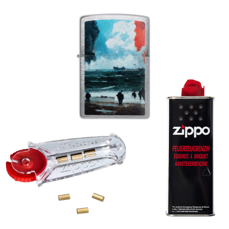 Zestaw trzech produktów Zippo: oryginalna zapalniczka Zippo D-Day Landing + benzyna Zippo + kamienie Zippo