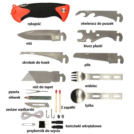 Wielofunkcyjny zestaw survivalowy przetrwania 15w1 + etui - prezentacja wszystkich przedmiotów w zestawie