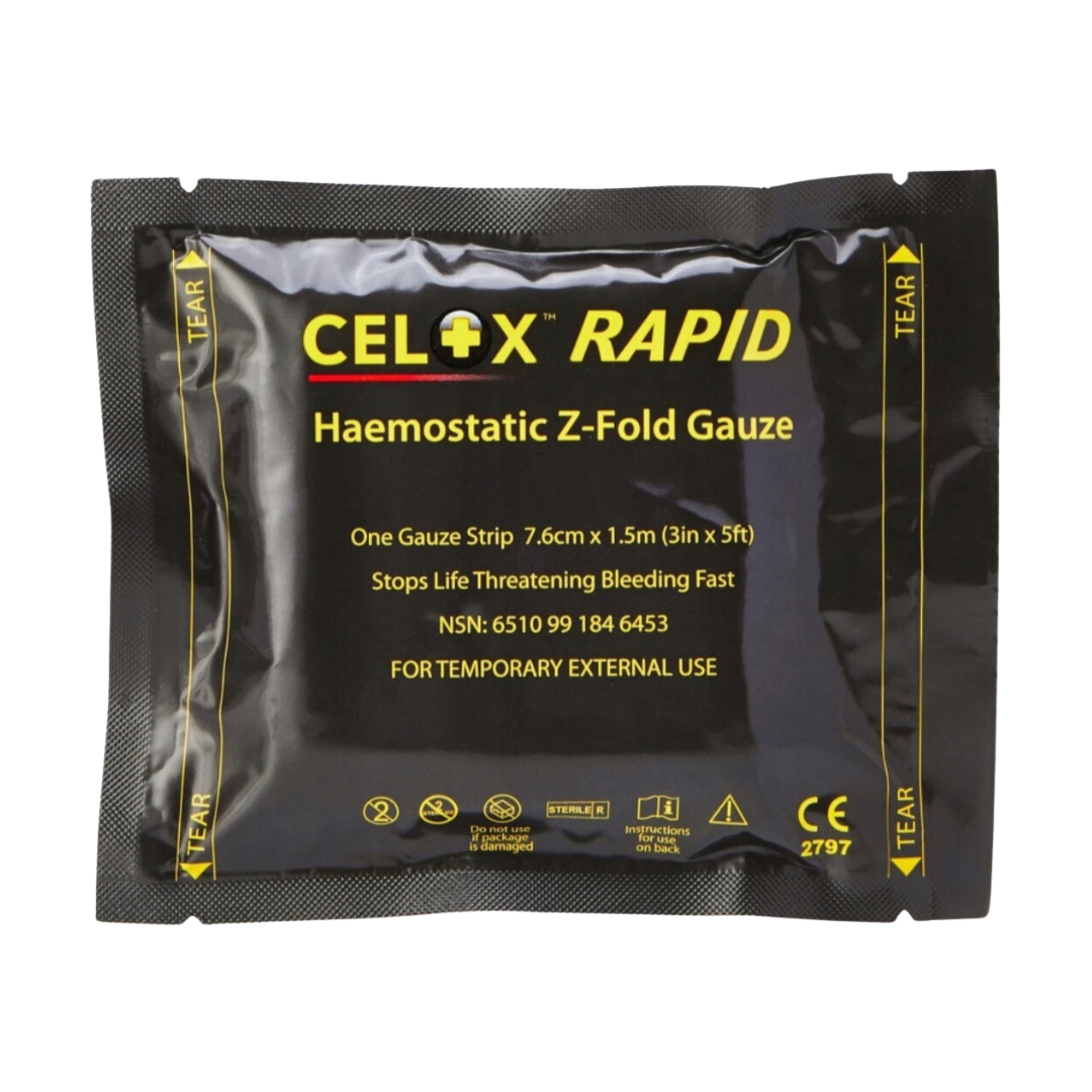 Opatrunek Hemostatyczny Celox RAPID GAUZE Z-Fold (przód)