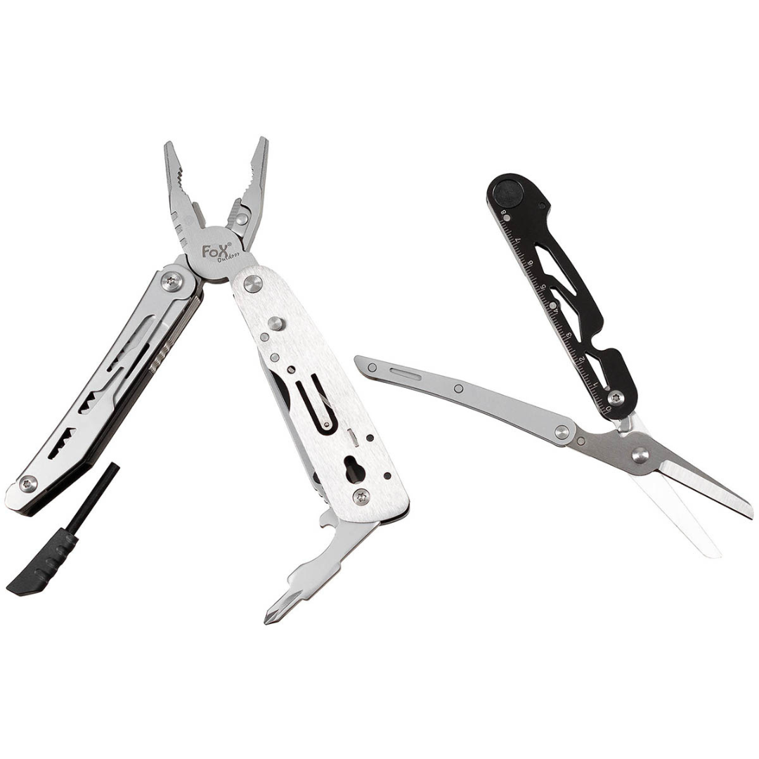 Multitool Fox Outdoor 7w1 ze Stali nierdzewnej - Zestaw bitów i krzesiwo - (czarno-srebrny)