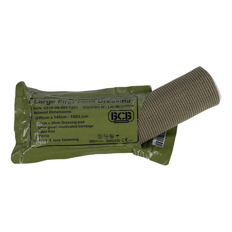Opatrunek Taktyczny Indywidualny BCB Combat PF119A Duży - pokazanie opakowania i produktu wewnątrz