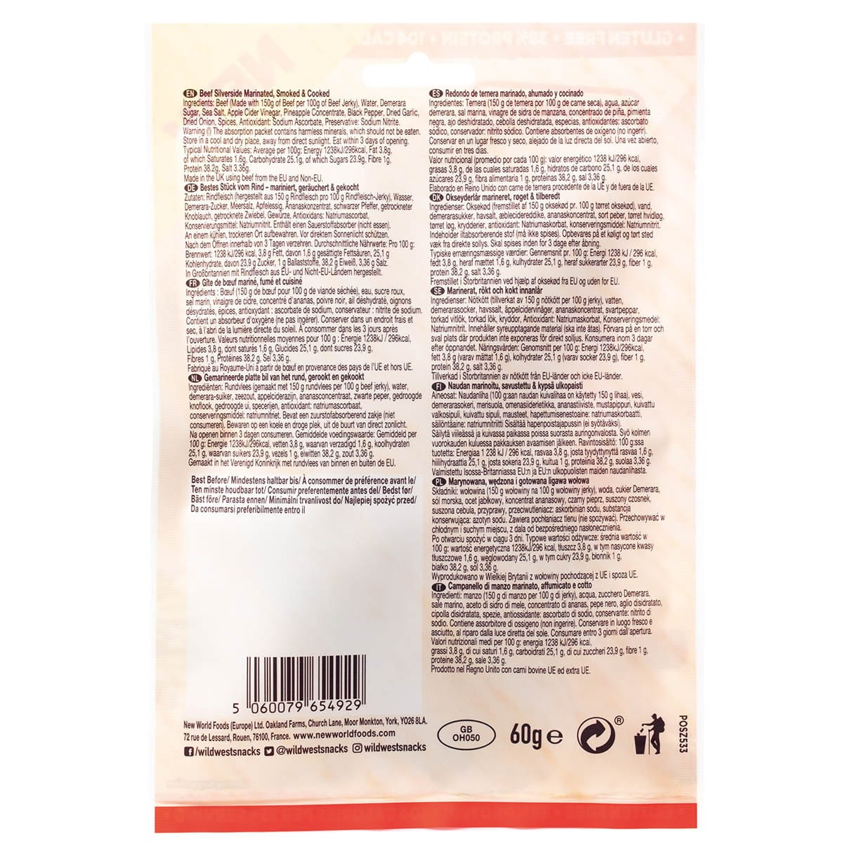 Suszona wołowina Steak Strips Wild West 60g - 38% białka - smak original - brak glutenu (tylna część)